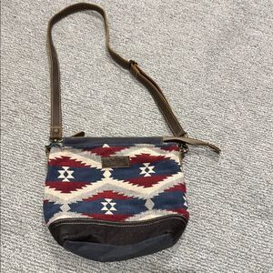 Red and Blue Geometric Crossbody Bags with Leather Trim